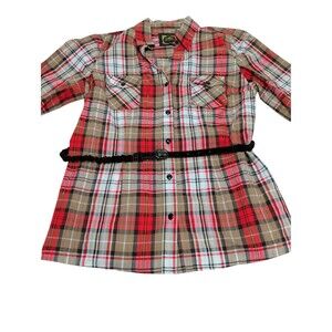 Cato Button Up Shirt Women’s Lg Plaid Long Sleeve Pockets Metallic . With Belt